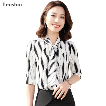 

Lenshin Women Print Shirts Elegant Half Sleeve Ruffles Blouse Office Lady Female OL Tops Chemise Loose Style