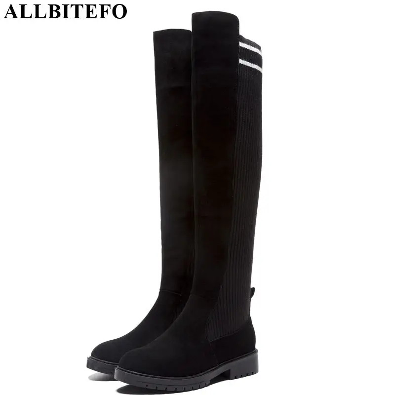 

ALLBITEFO fashion genuine leather women boots casual high heels knee-high boots for women leisure winter girl shoes long boots