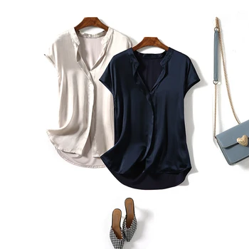 

Silk Real New 2020 Blouse Women Natural Silk High Quality Elegant Plus Size Short Sliver Gray Shirt Summer Lady Free Shipping