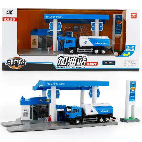 24444-8 with box 1: 64 моделирование детские игрушки со звуком и светильник АЗС дорожный знак сцена украшения Модель Набор с автомобилем нефтяной танкер подарки - Цвет: 24444-8 with box