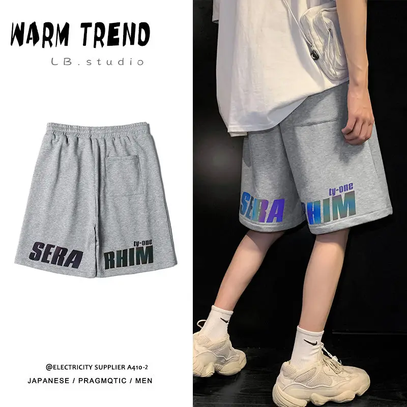 

Summer Reflective Shorts Men's Fashion Letter Printed Casual Cotton Shorts Men Streetwear Loose Straight Joggers Shorts Mens