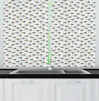 

White Umbrella Kitchen Curtains Cartoon Colorful Raindrops Autumn Weather for Kitchen Cafe Decor
