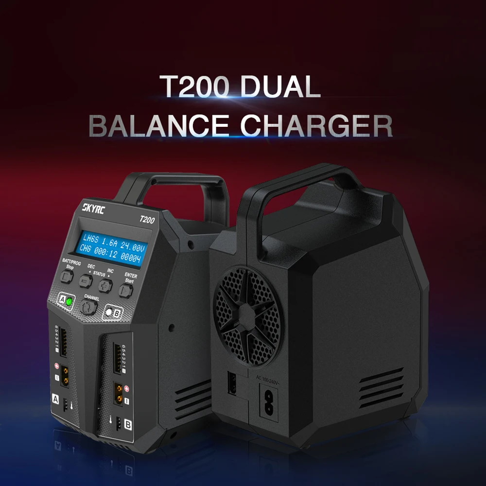 

For LiPo Li-ion LiFe NiCd NiMH PB LiHV Battery SKYRC T200 Dual AC/DC Balance Charger 12A 100W XT60 Plug