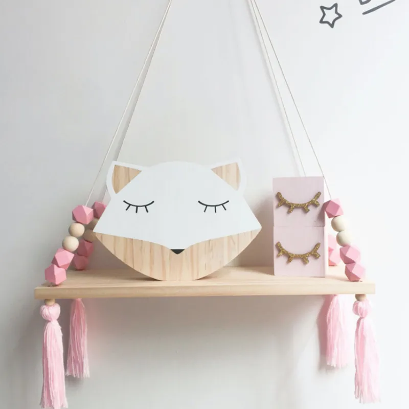 1PC Nordic Style Wooden Wall Shelf Colorful Beads Tassel Hanging Storage Clapboard Decoration For Toys Model Kid Room Home Decor