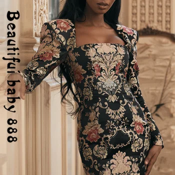 

2020 spring Jacquard Boned Bustier Black Long Sleeve Mini Dresses Square Collar Party Night Club Elegant Bodycon Dress Vestido