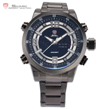 

SHARK Sport Watch Men Date LCD Dual Time Black White Alarm Full Steel Strap Clock Quartz Mens Army Digital Wristwatch Kitefin