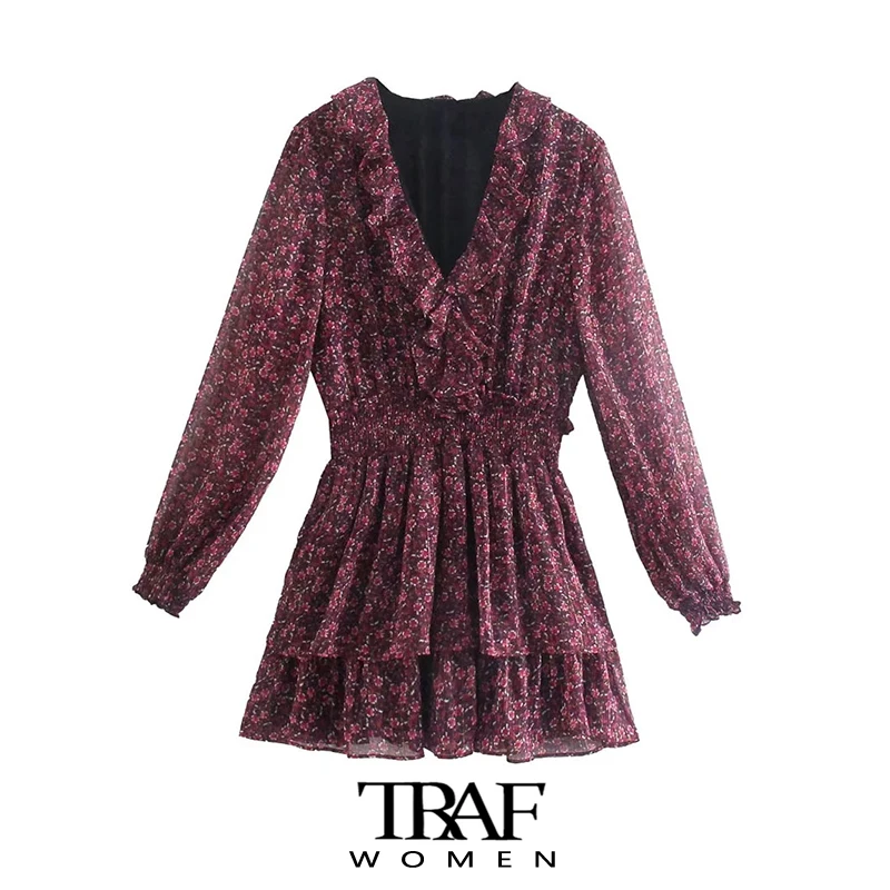 Платье-мини с рюшами и длинным рукавом металлической нитью | Женская одежда