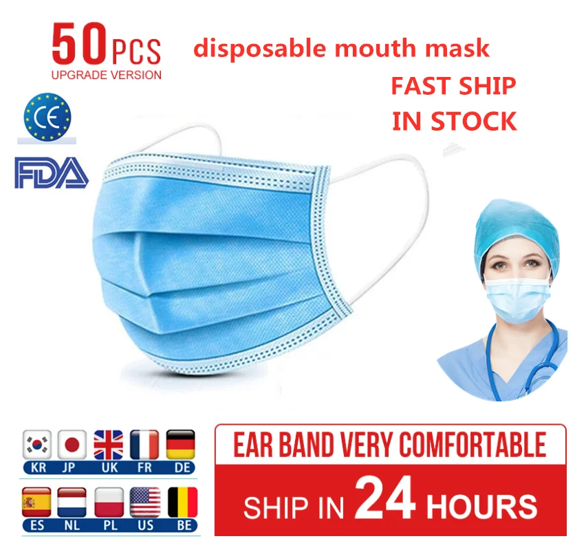 

Fast delivery 50Pcs Masks Disposable Protective mouth Mask 3 Layer Nonwove Ply Filter Mouth Face Mask Anti-Dust Mouth Mask