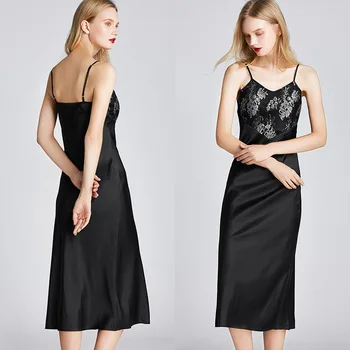 

Ladies Summer Embroidered Mid-length Skirt Home Service Ice Silk Pajamas Summer Silk Sleep Tops Thin Sexy Sling Nightdress