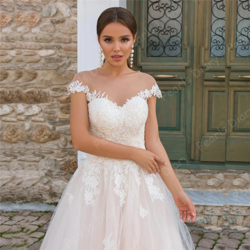 New-Pink-Princess-Wedding-Dress-Sheer-O-Neck-Cap-Sleeve-Applique-Bridal-Dresses-Robe-Mariee-Tulle (1)