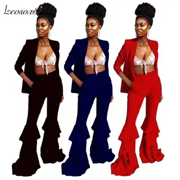 

New Style Personality Ruffle Hem Trouser Solid Blazer Fashion Woman Clothing Women Two Piece Set