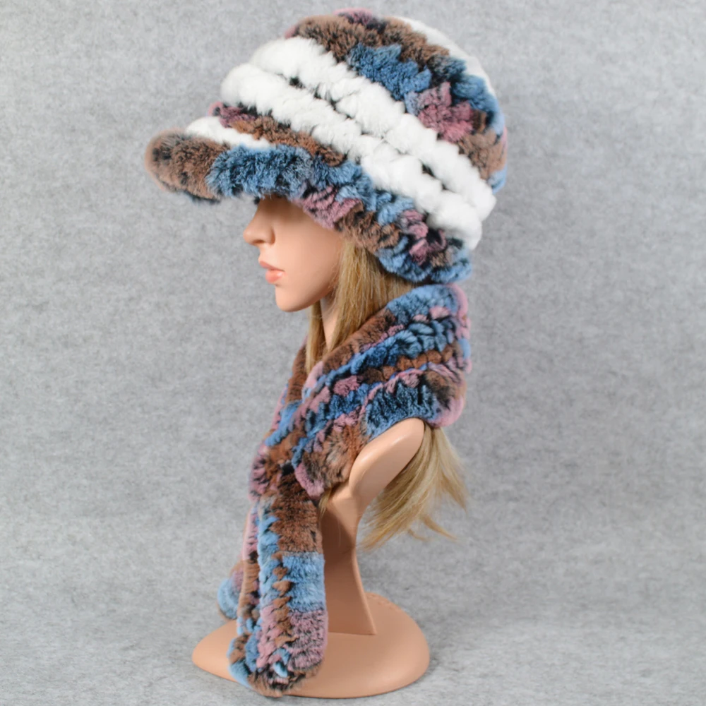 Открытый зимний теплый вязаный Настоящий мех кролика шапка и шарф женская зимняя