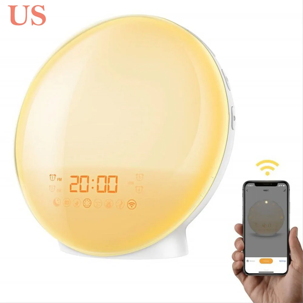 Креативный светодиодный светильник с двойным будильником, будильник, цифровой Повтор, цветной Ночной светильник, имитации восхода и заката, часы с fm-радио - Цвет: US Voice Control