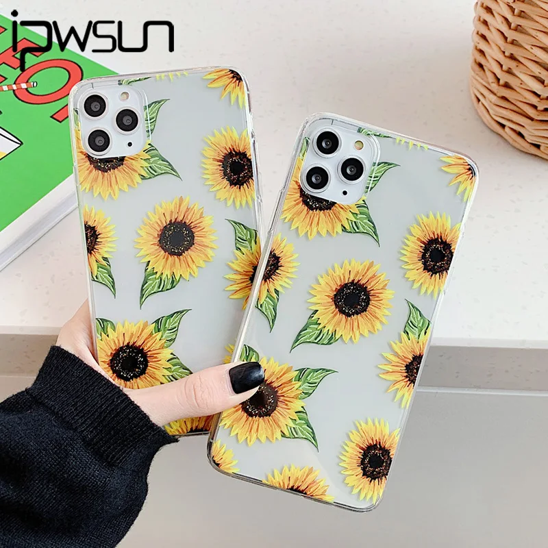 iPWSOO Beautiful Flowers Clear Phone Case For iPhone 11 Pro Max X XR XS 7 8 Plus Green Leaves Transparent IMD Back Cover |