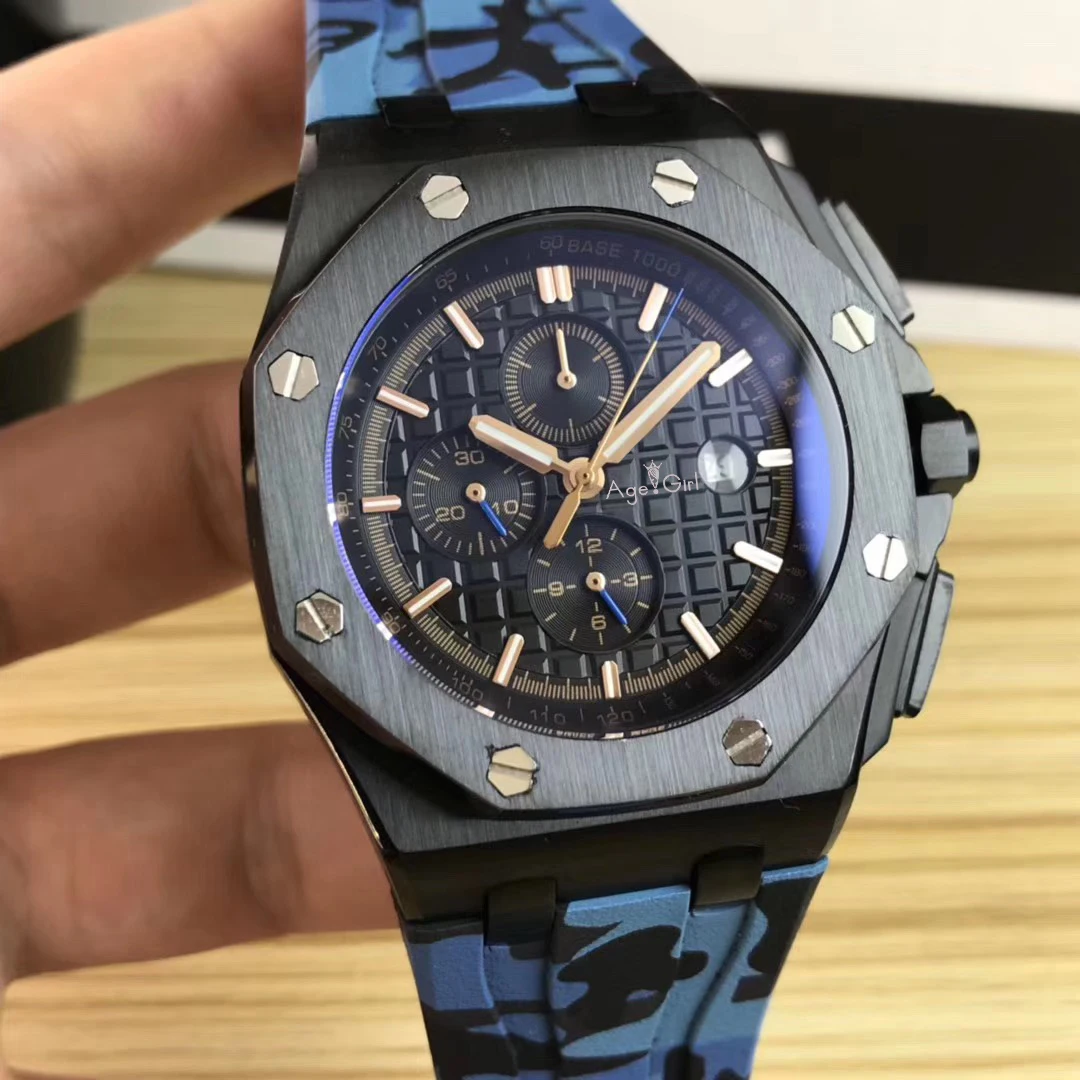 

Luxury Brand Men Automatic Mechanical Sapphire Oaks Full Black Gold Navy Blue Rubber Stainless Steel Watch Royal Glass Back AAA+