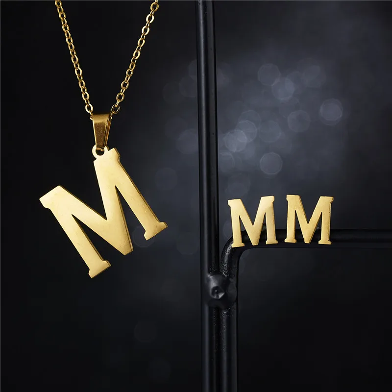 yellow fashion jewelry set Rinhoo New Initial A-Z Letters Pendant Stainless Steel Link Chain Necklace Earring for Women Men Trendy Jewelry Set Gift trendy ring sets