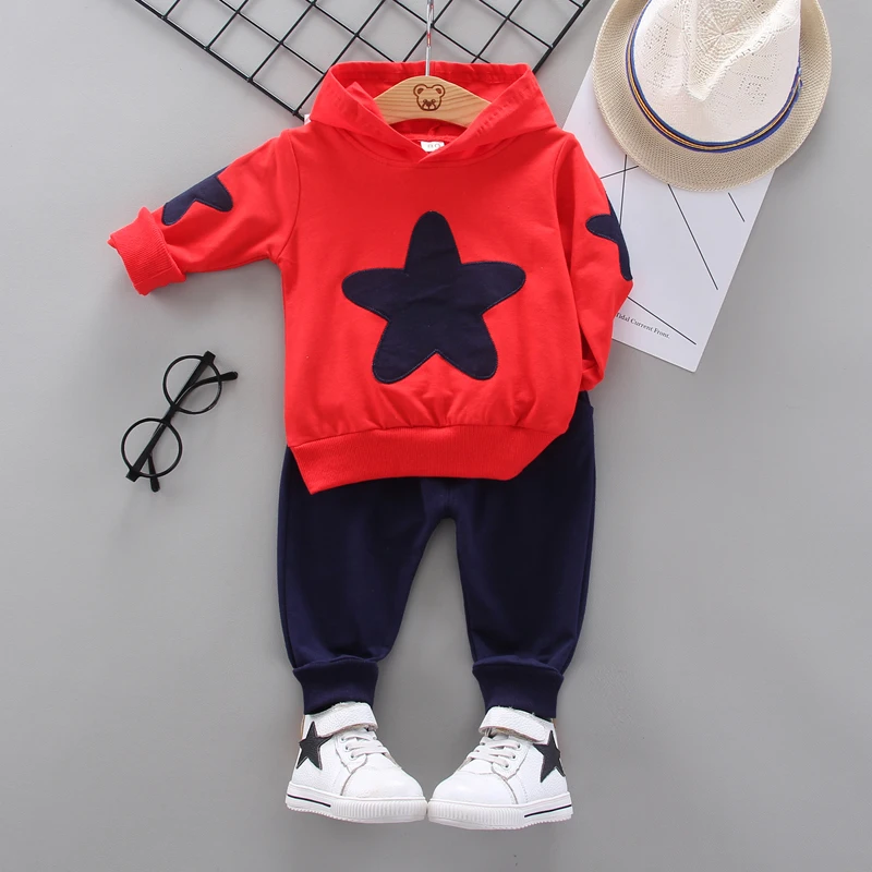 Conjuntos de Roupas Estrela de Algodão Esportes com Capuz Primavera Outono Crianças Bebê Camisola Camisa Calças Define Meninos Casual Terno 0-5 Anos 5 Mamãe e Bebê