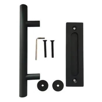 

12 Inch Sliding Barn Door Handle Pull And Flush Hardware Set Black Powder Coated Finish Large Rustic Two-side Design