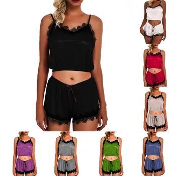 

Women Sleepwear Sleeveless Strap Nightwear Lace Trim Satin Cami Top Pajama Sets pijama mujer invierno bayan pijama takimlari