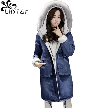 

UHYTGF women denim jacket quality lambswool Thick winter Parker female Fashion fur collar hooded windproof warm jean jacket 393
