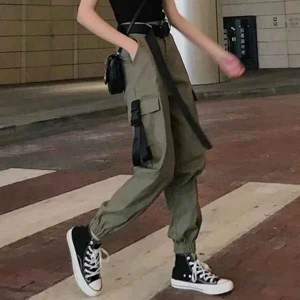 Fashion Women Self Belted Elastic Waist Cargo Pants Female Loose Streetwear Pants Casual  Korean Style Trousers