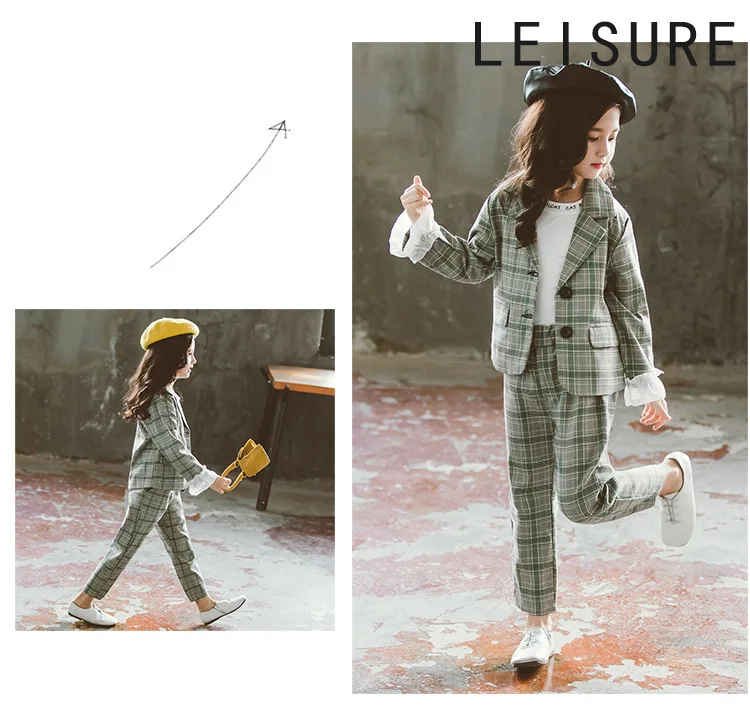 Clothes For Girls Plaid Blazer& Pants Suit For Girls Party Turn Down Collar Girls Sets Autumn Fashion Kid Clothing For Girls