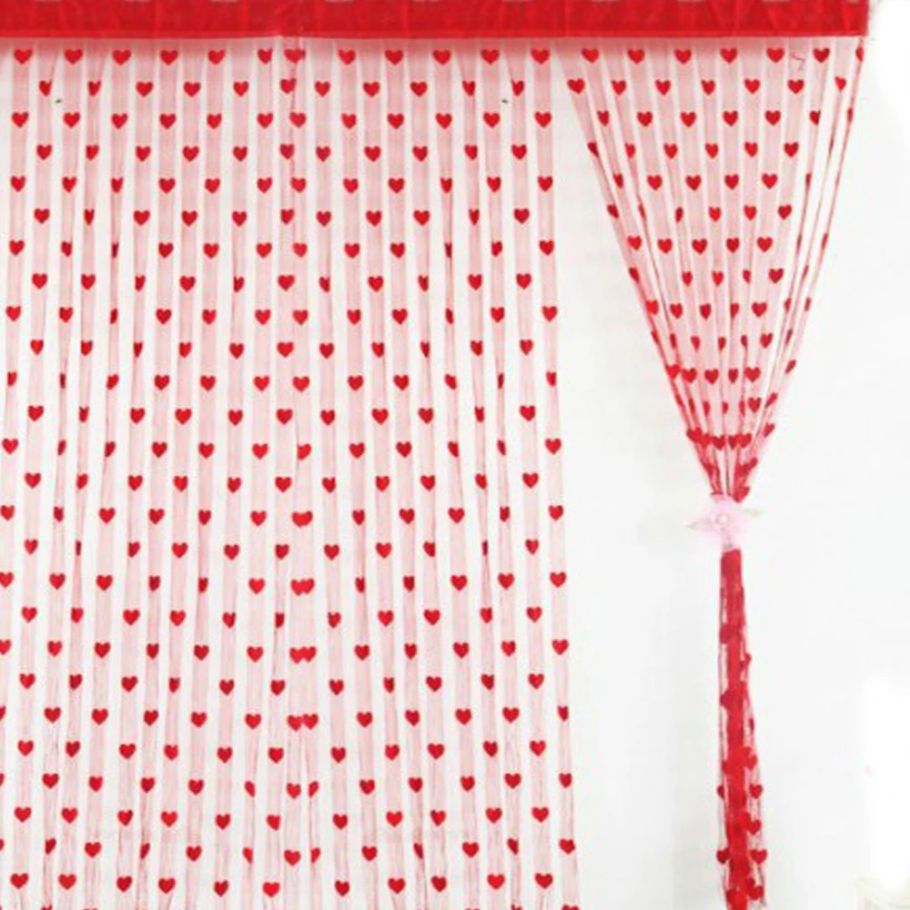 Sheer Curtain 100x200cm Voile White Red Heart String Curtains Bedroom Window Door Divider Wedding Decoration