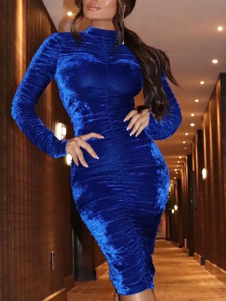 OMSJ осень зима бархат Ruched элегантные вечерние модные платья вечернее офисное женское платье длинный рукав длинное платье в обтяжку - Цвет: Синий