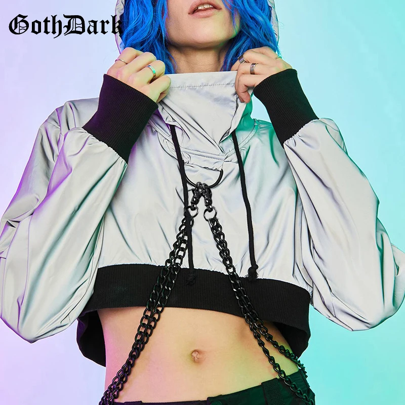 

Goth Dark Vintage Gothi Egirl Sweatshirts Women Harajuku Cropped Reflective Chain Female Hoodies Grunge Punk 2020 Chic Emo 90s
