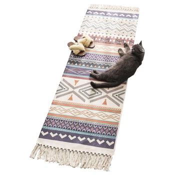 

Fashion-60x150cm+20cm Tassel Retro Handmade Tassel Woven Cotton Linen Rug Headboard Rug Geometric Floor Mat Long Rug Bed Cover T