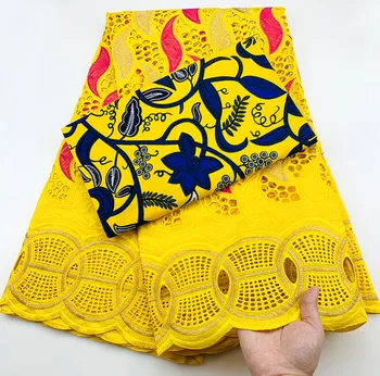 

Newest Yellow swiss lace fabric With african wax print fabric High quality African cotton lace fabric beautiful party dress