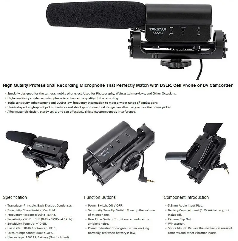 BEESCLOVER TAKSTAR SGC-598 внешний стерео микрофон для интервью Nikon/Canon камера/DV видеокамера