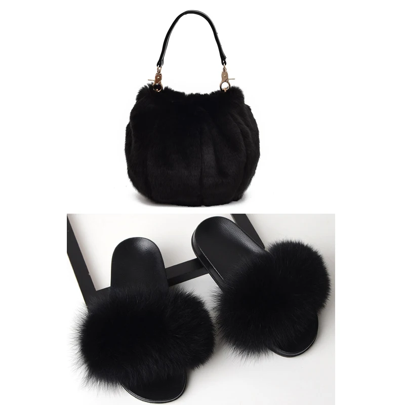 Women's Casual Plush Slippers Bag Set Ladies Pumpkin Cute Furry bag Real Fox Fur Slippers Set Elegant Dating Fluffy Slides Purse