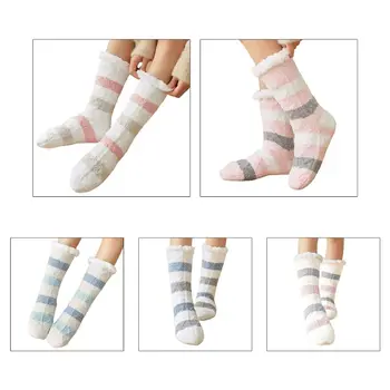 

Womens Winter Warm Candy Color Striped Coral Velvet Non Slip Fuzzy Slipper Socks