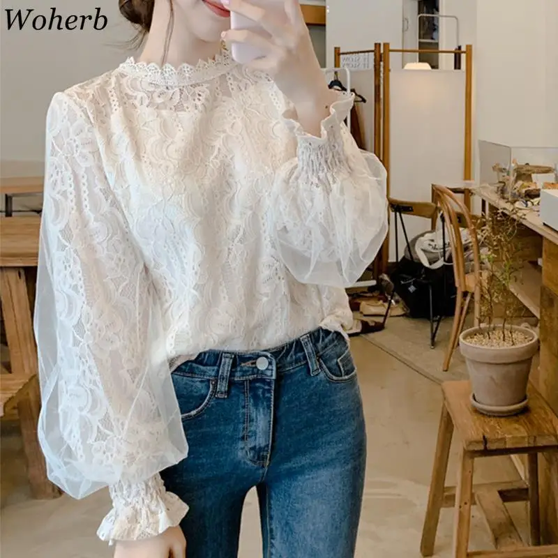

Woherb Elegant Temperament Blouses O Neck Lantern Sleeve Blusas Mesh Lace Patchwork Hollow Out Shirts Women Tops Korean Clothes