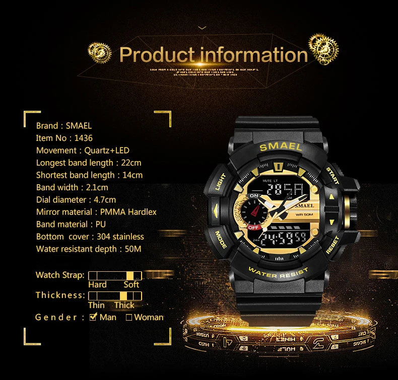  SMAEL Men Sports Watch Military Watches LED Quartz Dual Display Waterproof Outdoor Sport Men's Wris