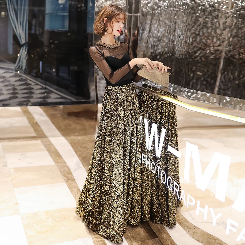 SSYFashion, новинка, Золотое вечернее платье с блестками, винтажное, с высоким воротом, с длинным рукавом, вечерние платья на выпускной, на заказ, Vestido De Noche - Цвет: as the picture