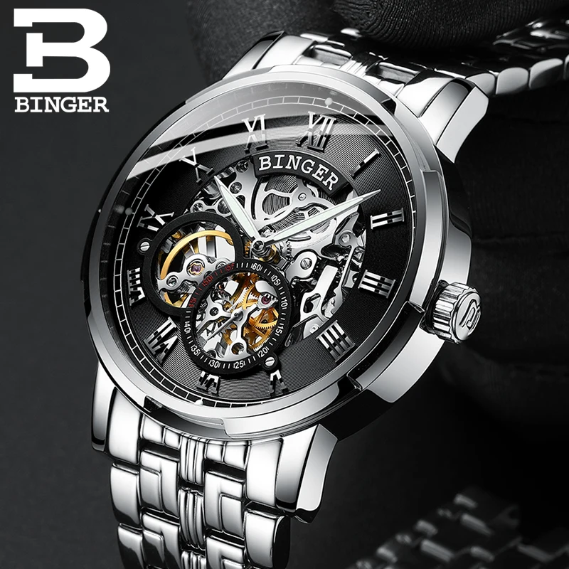 Swiserland BINGER Брендовые мужские автоматические механические часы с двойным скелетом, мужские стальные светящиеся водонепроницаемые часы