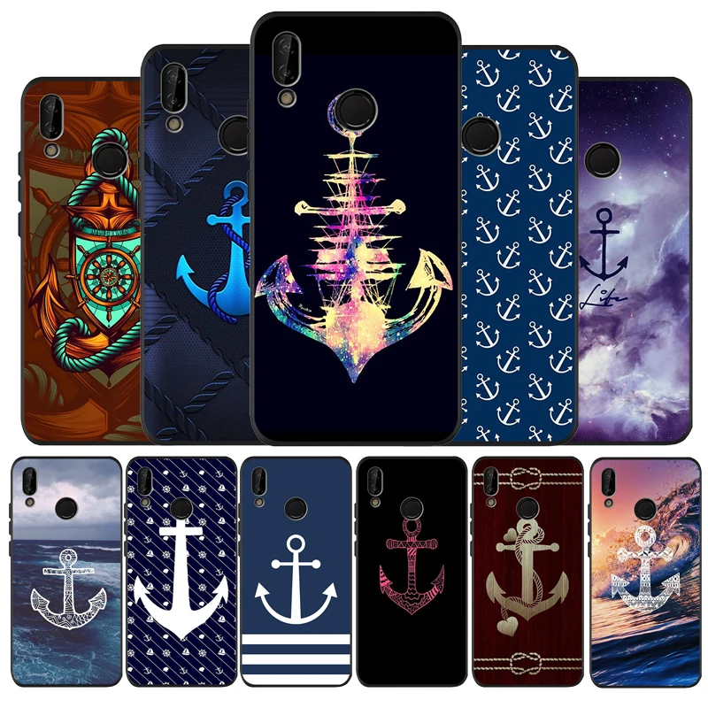 Мягкий силиконовый чехол для Huawei 40 30 20 10 9 Lite Pro P smart 2019 Y6 Prime2019 Y9 2018 черный с якорем |