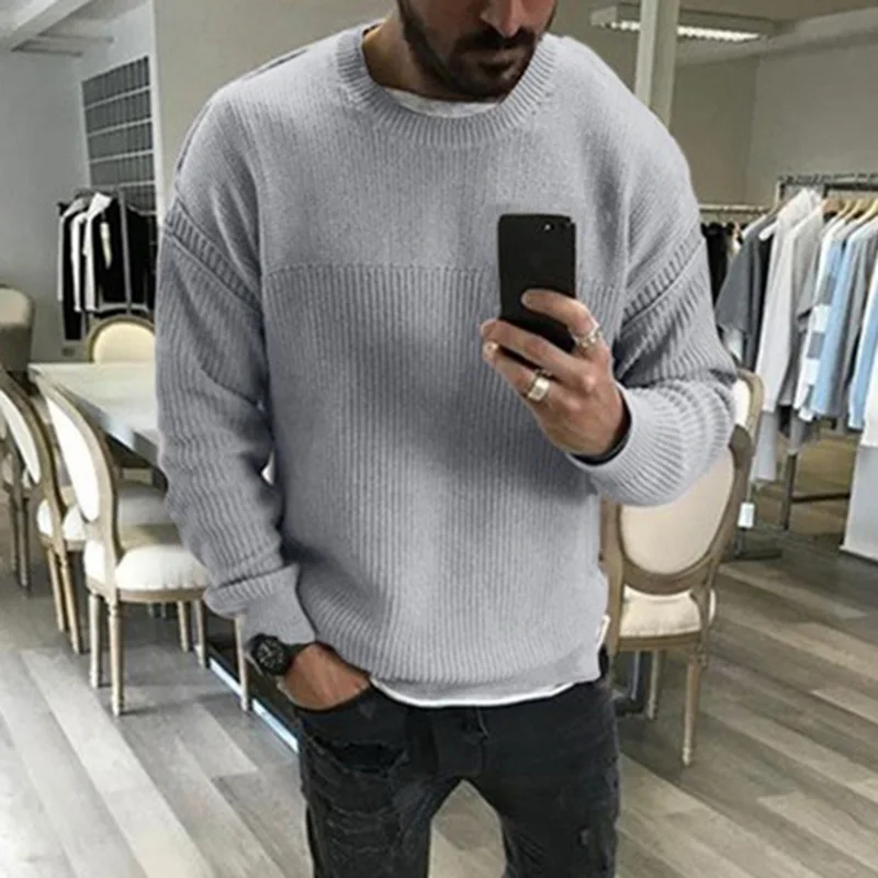 DIHOPE Mens Autumn and Winter Slim Long Sleeved Round Neck Pullover SweaterS Male Solid Loose Sweater 1