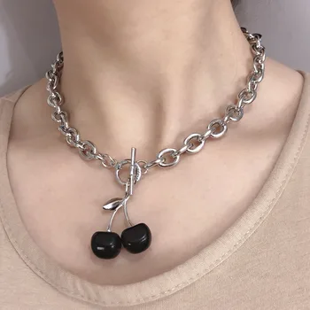 

Punk Sweet Cherry Necklaces Gothic Silver Color Stainless Steel Metal Choker For Women Girls Pendant Chain Party Jewelry Gifts