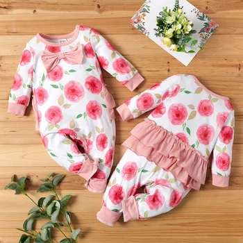 

PatPat 2020 New Autumn and Winter Baby Floral Bowknot Ruffled Jumpsuit Baby Girl Sweet Floral Jumpsuits Baby Girl Clothes