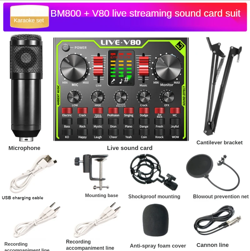 Bm 800 Microphone Wireless Bluetooth for Live Streaming V80 Sound Card Professional Studio Condenser Microphone Youtube TikTok 