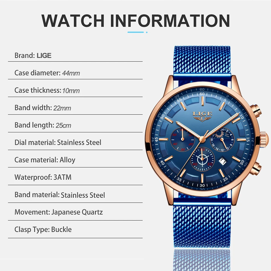 Lige Top Brand Luxury New Fashion Simple Watch For Men Blue Dial Watch Mesh Belt Sport Waterproof-4