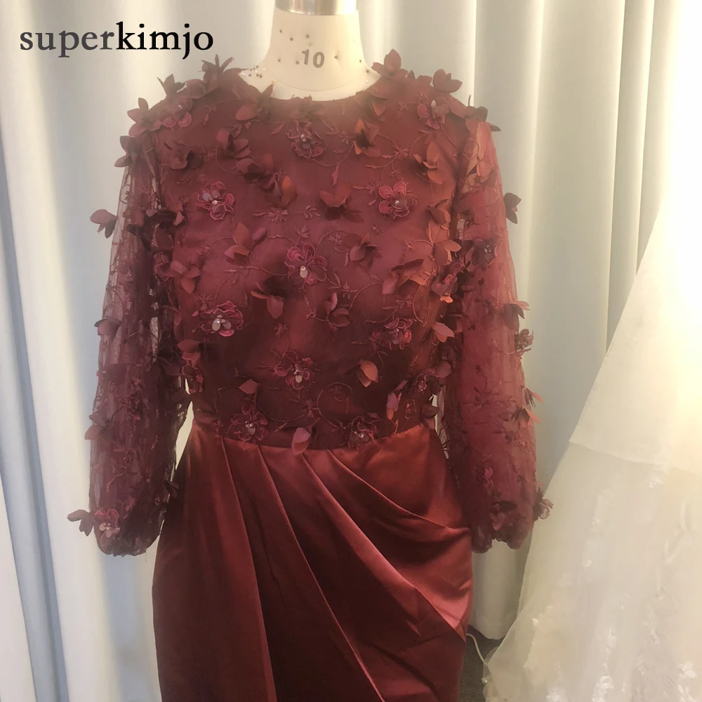 SuperKimJo настоящая фотография бордовые вечерние платья с длинным рукавом 3D Цветы Кружева Аппликация Русалка вечернее платье Vestido Formatura
