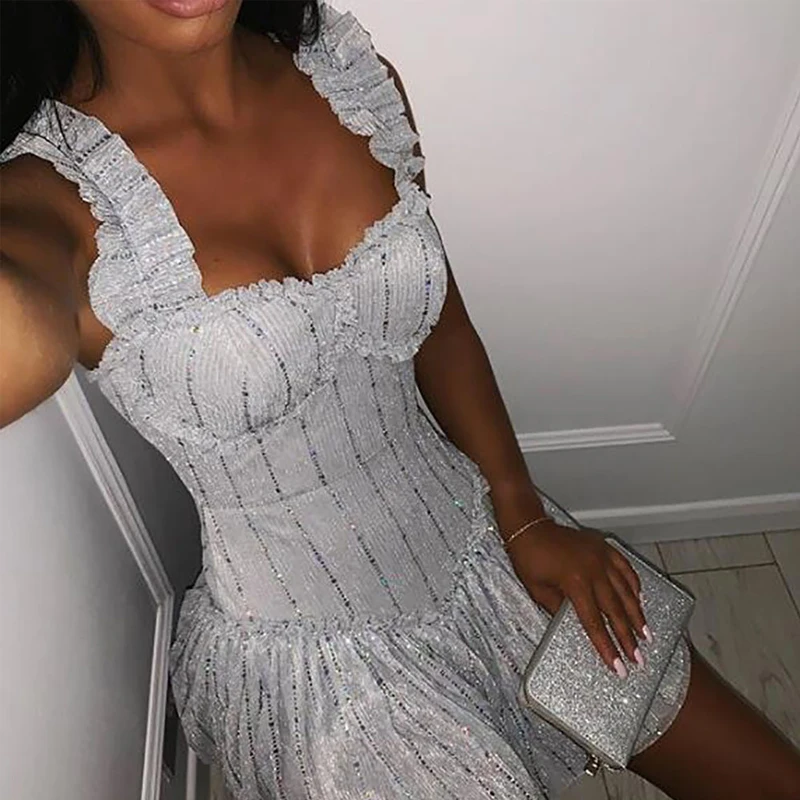

2019 New Summer Dress Women Ruffle Strap Sleeveless Mini Sequined Dress Elegant Runway Celebrity Party Dresses Vestidos Club