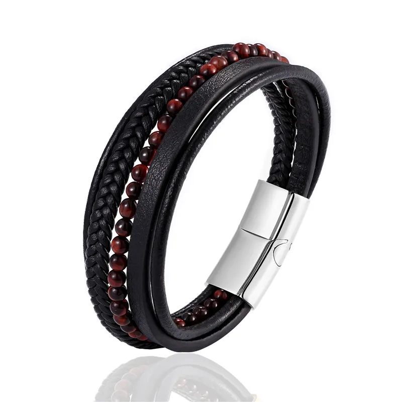 MKENDN Fashion Male Jewelry Braided Leather Bracelet Red Tiger Eye Beads Bracelet Black Stainless Steel Magnetic Clasps Men Wris