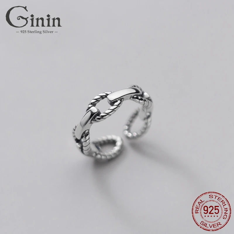 

Ginin 925 Sterling Silver Vintage Thai Silver Buckle Ring for Women Geometric Hollow Oval Twist Finger Anniversary Gift Jewelry