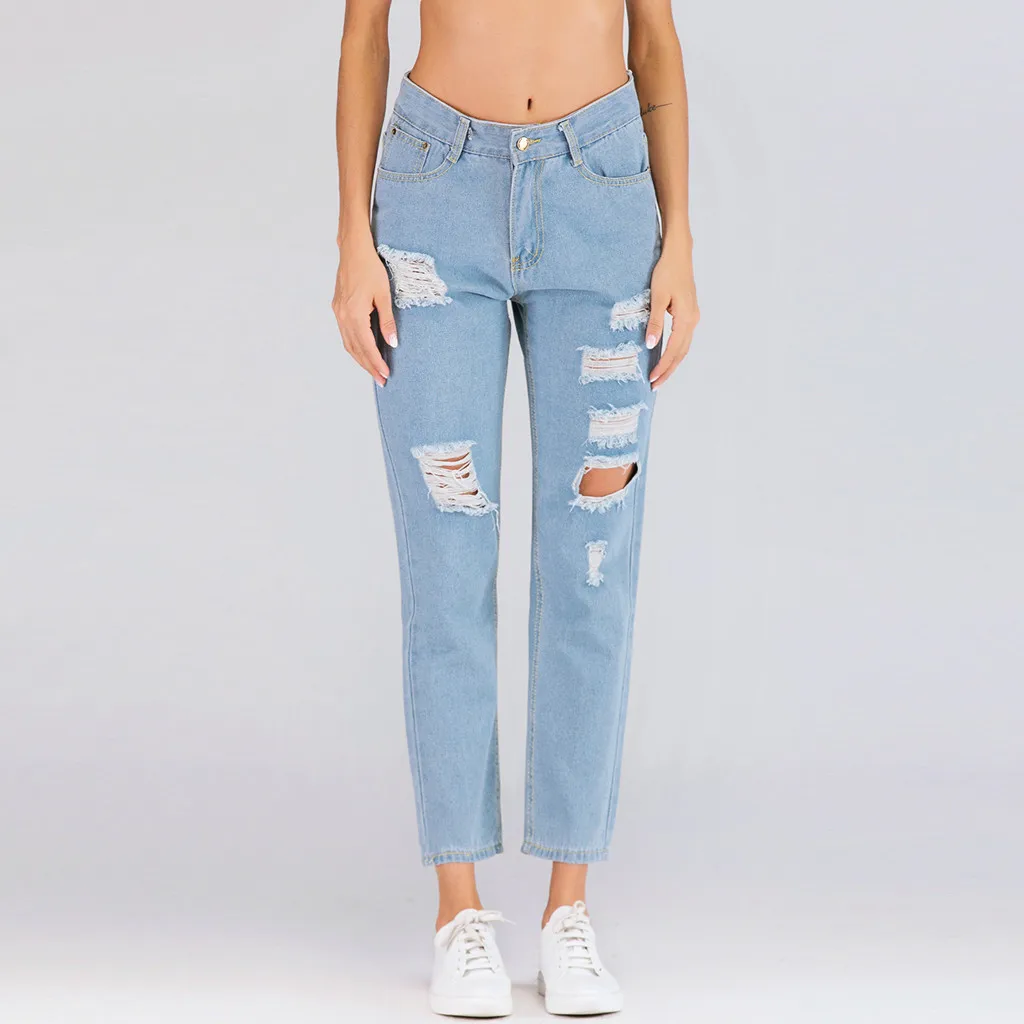 SAGACE, женские Узкие рваные джинсовые брюки со средней талией, Длинные эластичные свободные длинные джинсы, штаны-шаровары