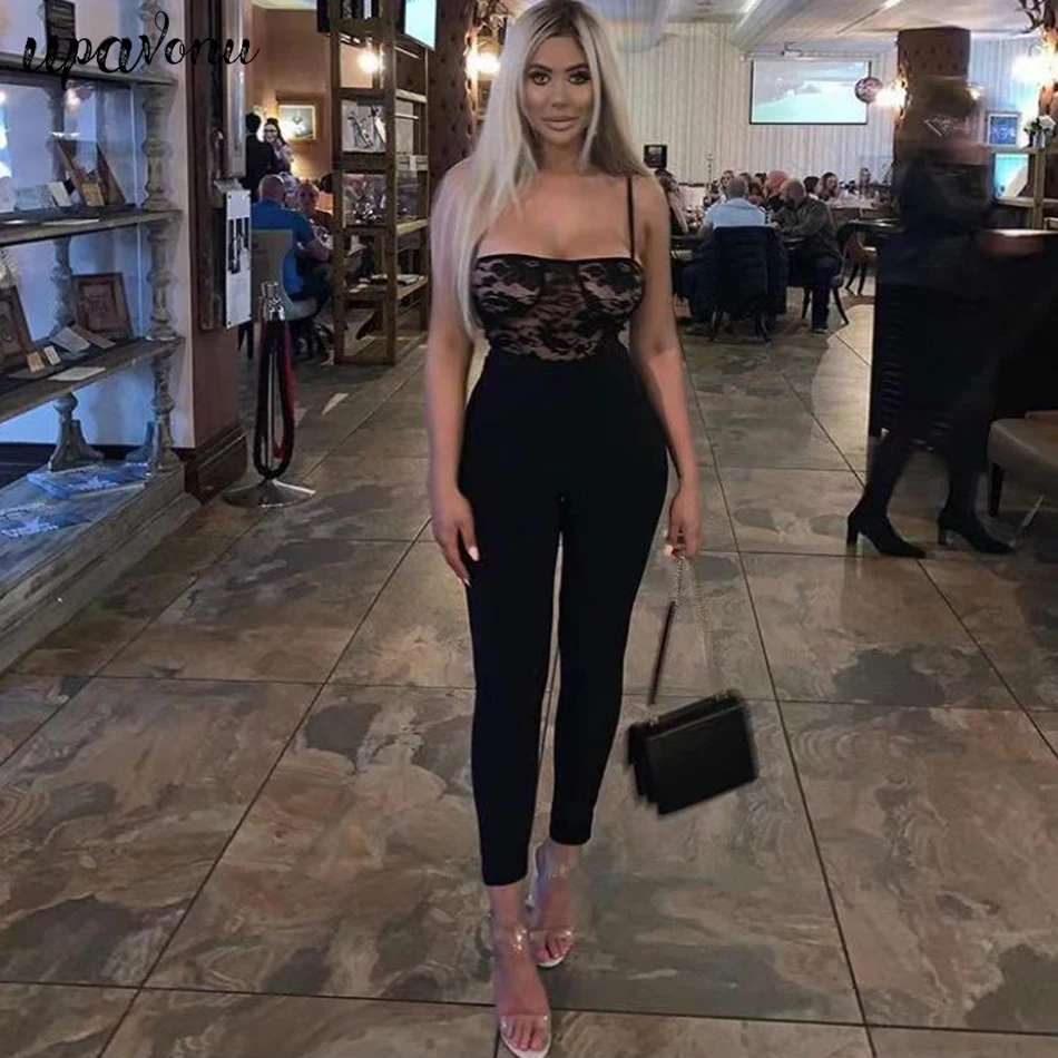 

2019 New High Quality Black Sexy Sleeveless Lace Halter Rayon Bandage Jumpsuit Celebrity Club Party Tight Jumpsuit